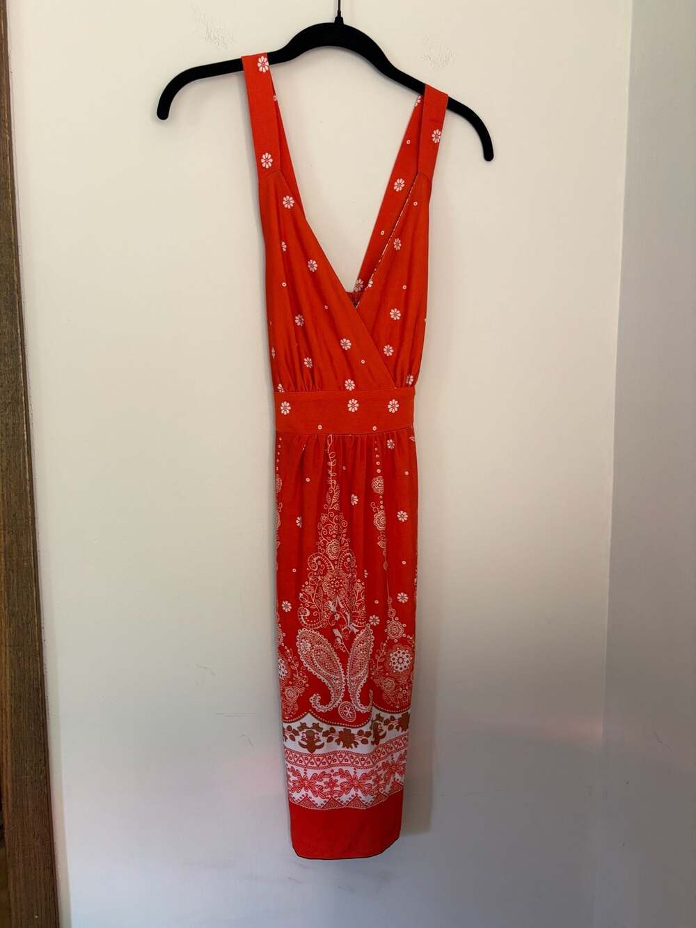 Women’s Red Orange Paisley Boho Floral Print V-Neck Mini Dress Sz M